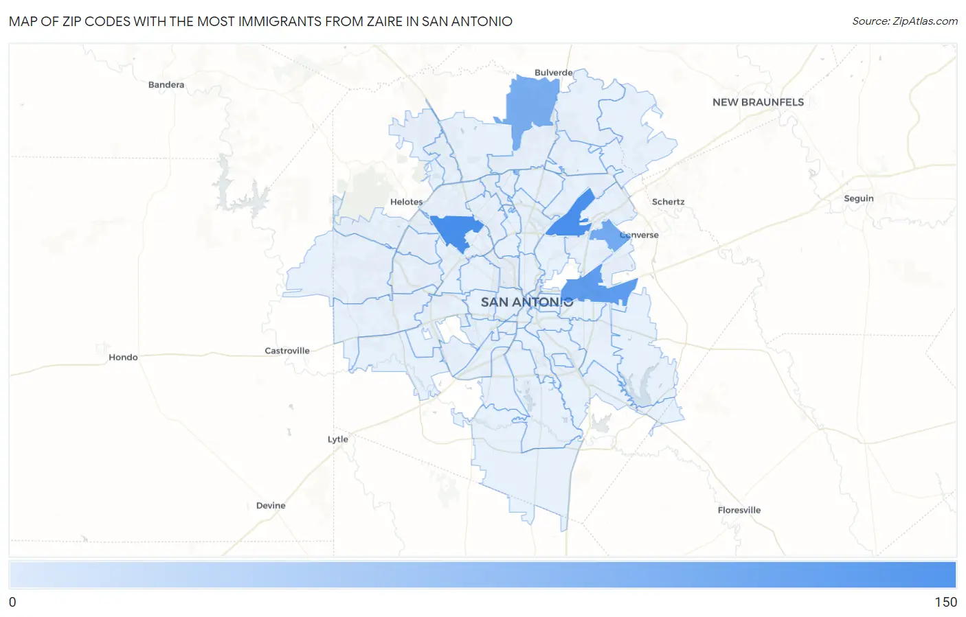 Zip Codes with the Most Immigrants from Zaire in San Antonio Map