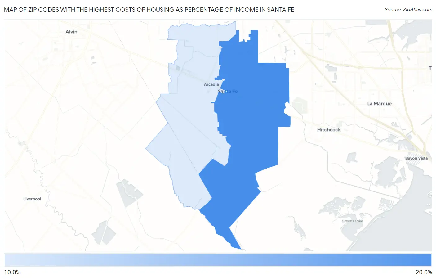 Zip Codes with the Highest Costs of Housing as Percentage of Income in Santa Fe Map