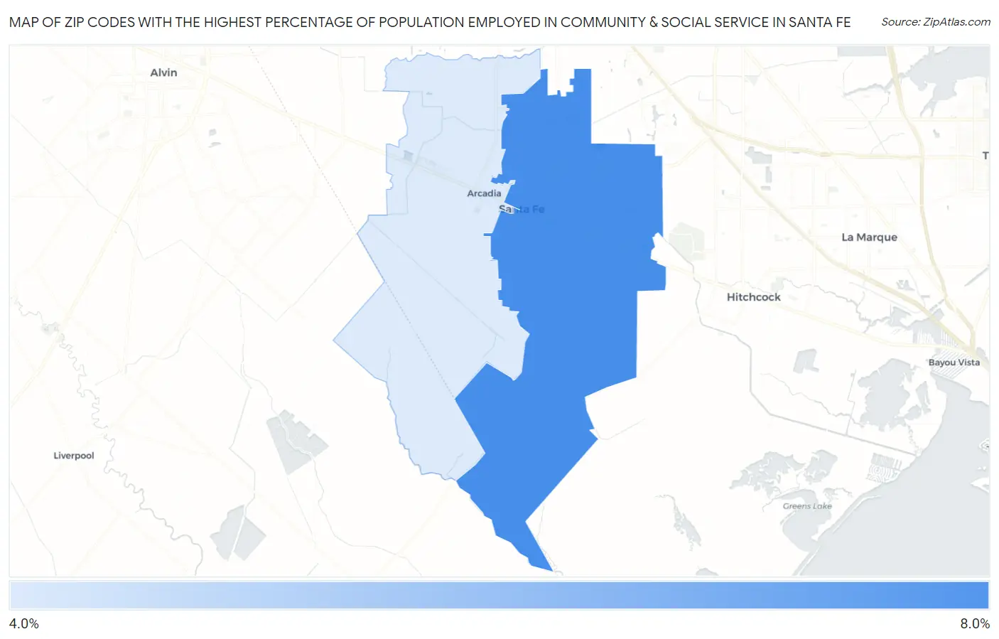Zip Codes with the Highest Percentage of Population Employed in Community & Social Service  in Santa Fe Map