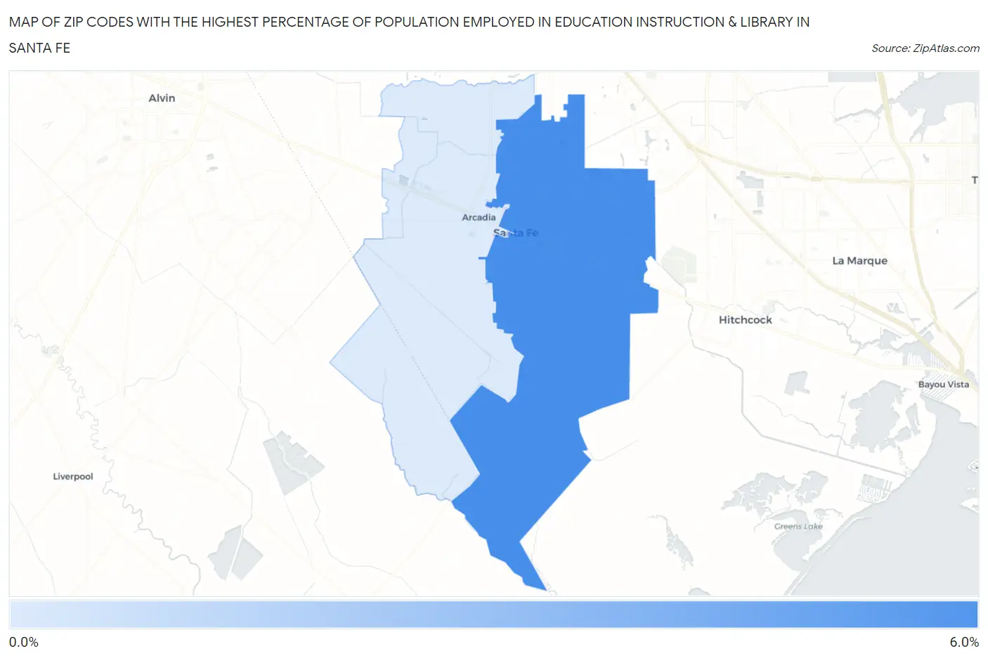Zip Codes with the Highest Percentage of Population Employed in Education Instruction & Library in Santa Fe Map