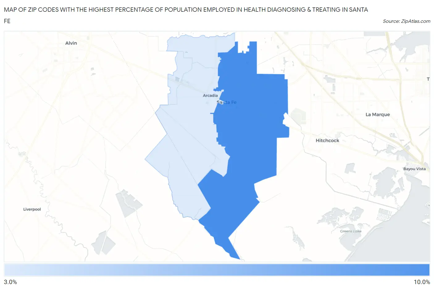 Zip Codes with the Highest Percentage of Population Employed in Health Diagnosing & Treating in Santa Fe Map