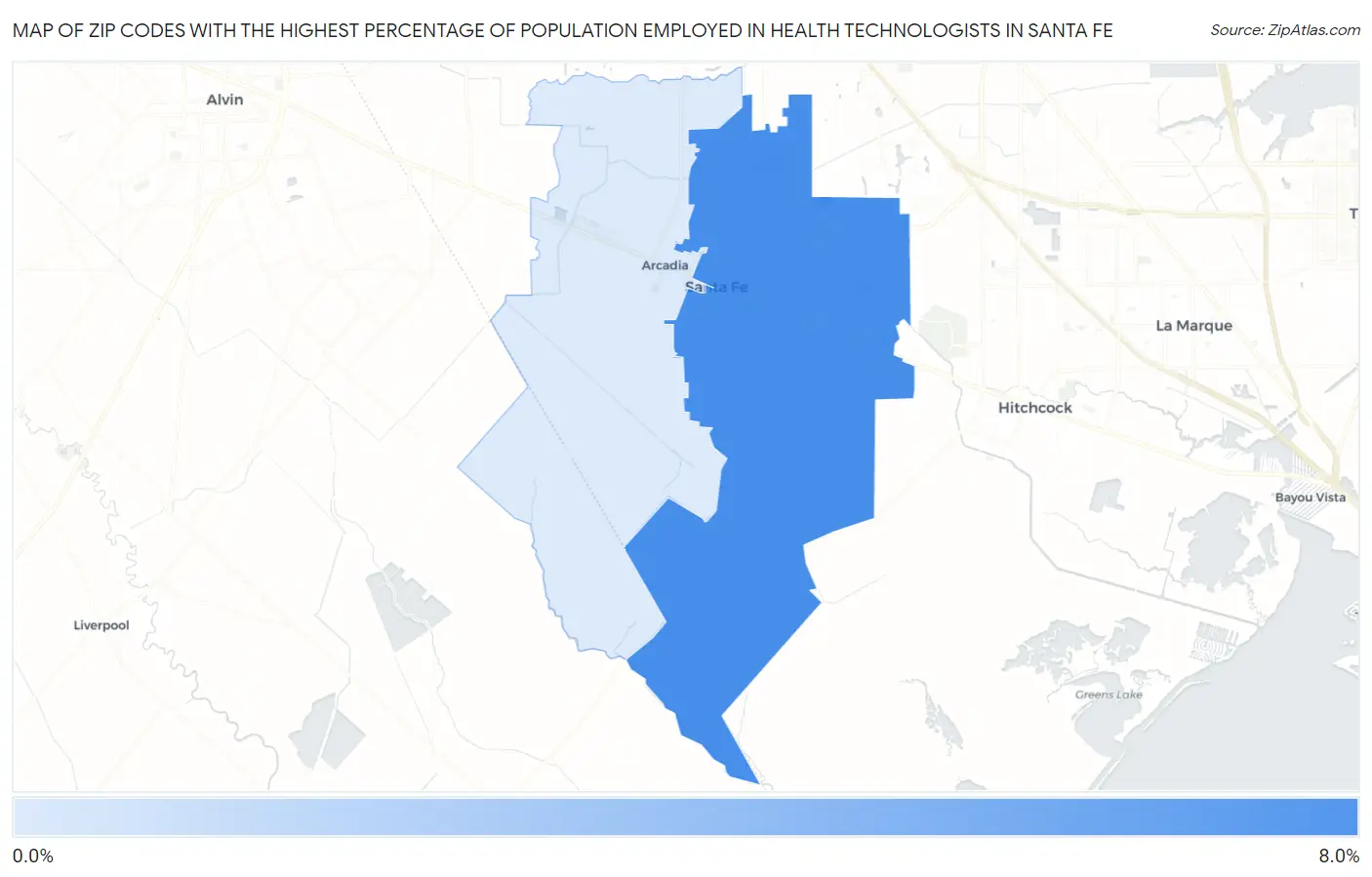 Zip Codes with the Highest Percentage of Population Employed in Health Technologists in Santa Fe Map