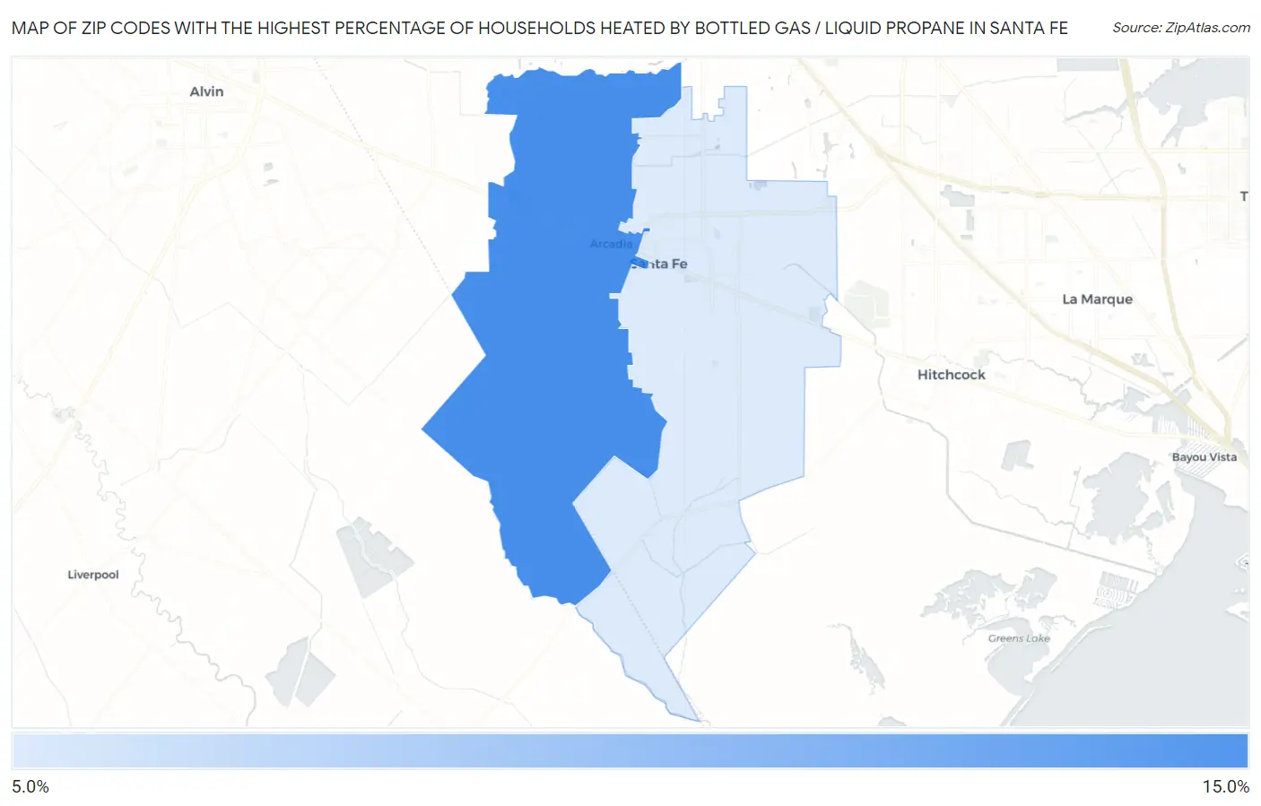 Zip Codes with the Highest Percentage of Households Heated by Bottled Gas / Liquid Propane in Santa Fe Map