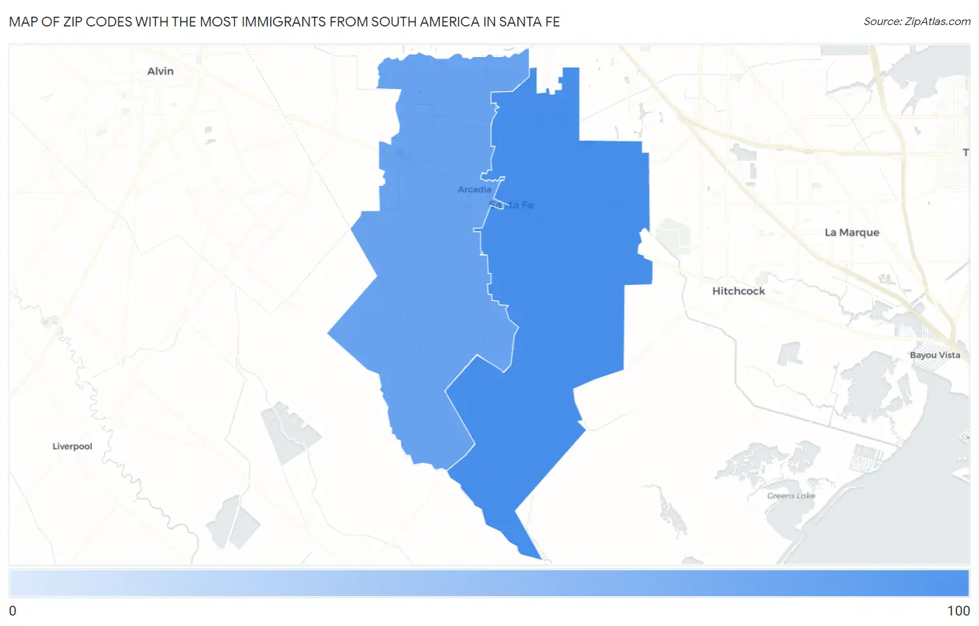 Zip Codes with the Most Immigrants from South America in Santa Fe Map