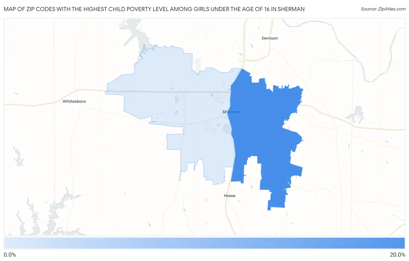 Zip Codes with the Highest Child Poverty Level Among Girls Under the Age of 16 in Sherman Map