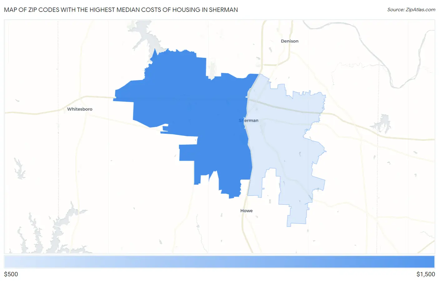 Zip Codes with the Highest Median Costs of Housing in Sherman Map