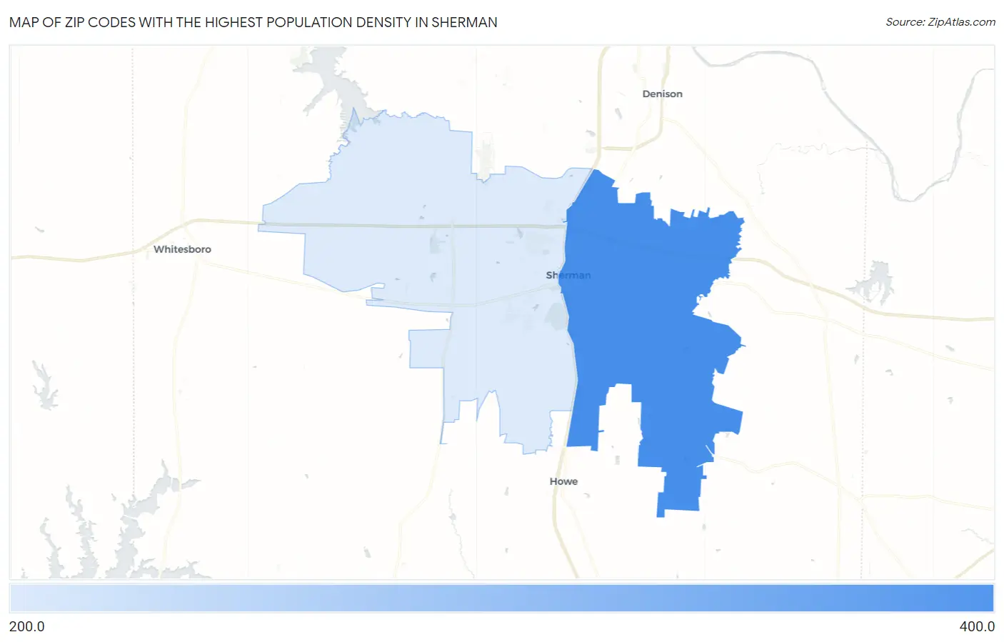 Zip Codes with the Highest Population Density in Sherman Map