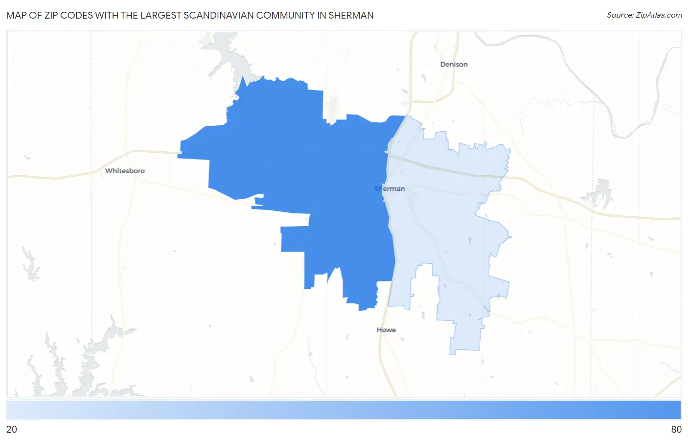 Zip Codes with the Largest Scandinavian Community in Sherman Map