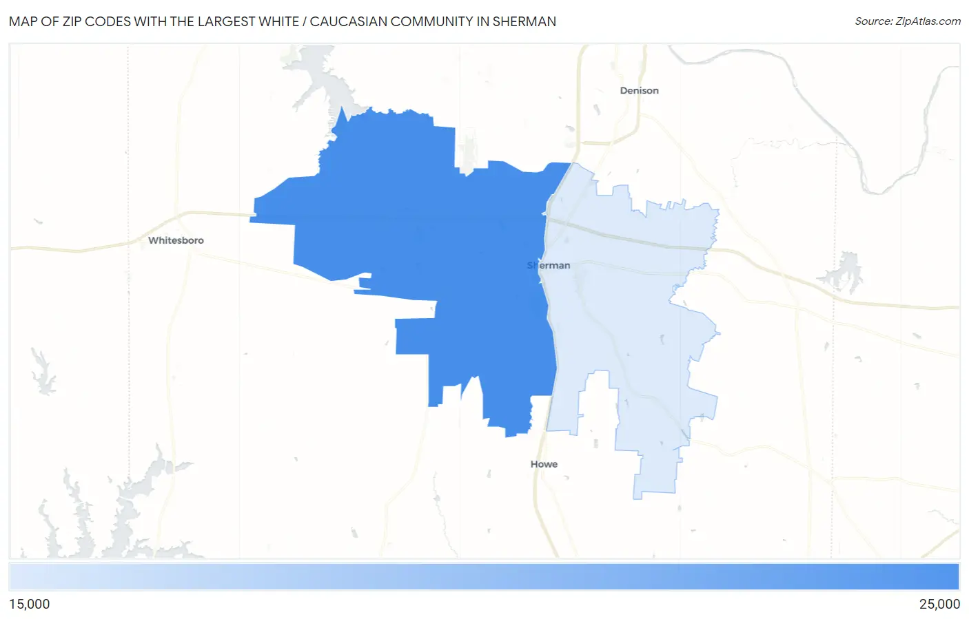 Zip Codes with the Largest White / Caucasian Community in Sherman Map