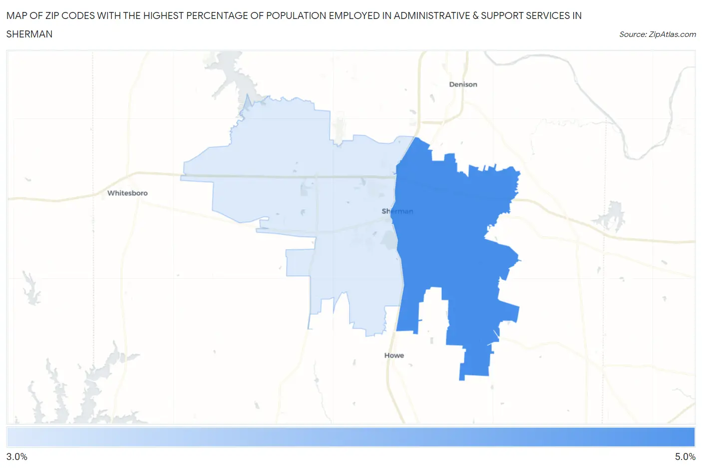 Zip Codes with the Highest Percentage of Population Employed in Administrative & Support Services in Sherman Map