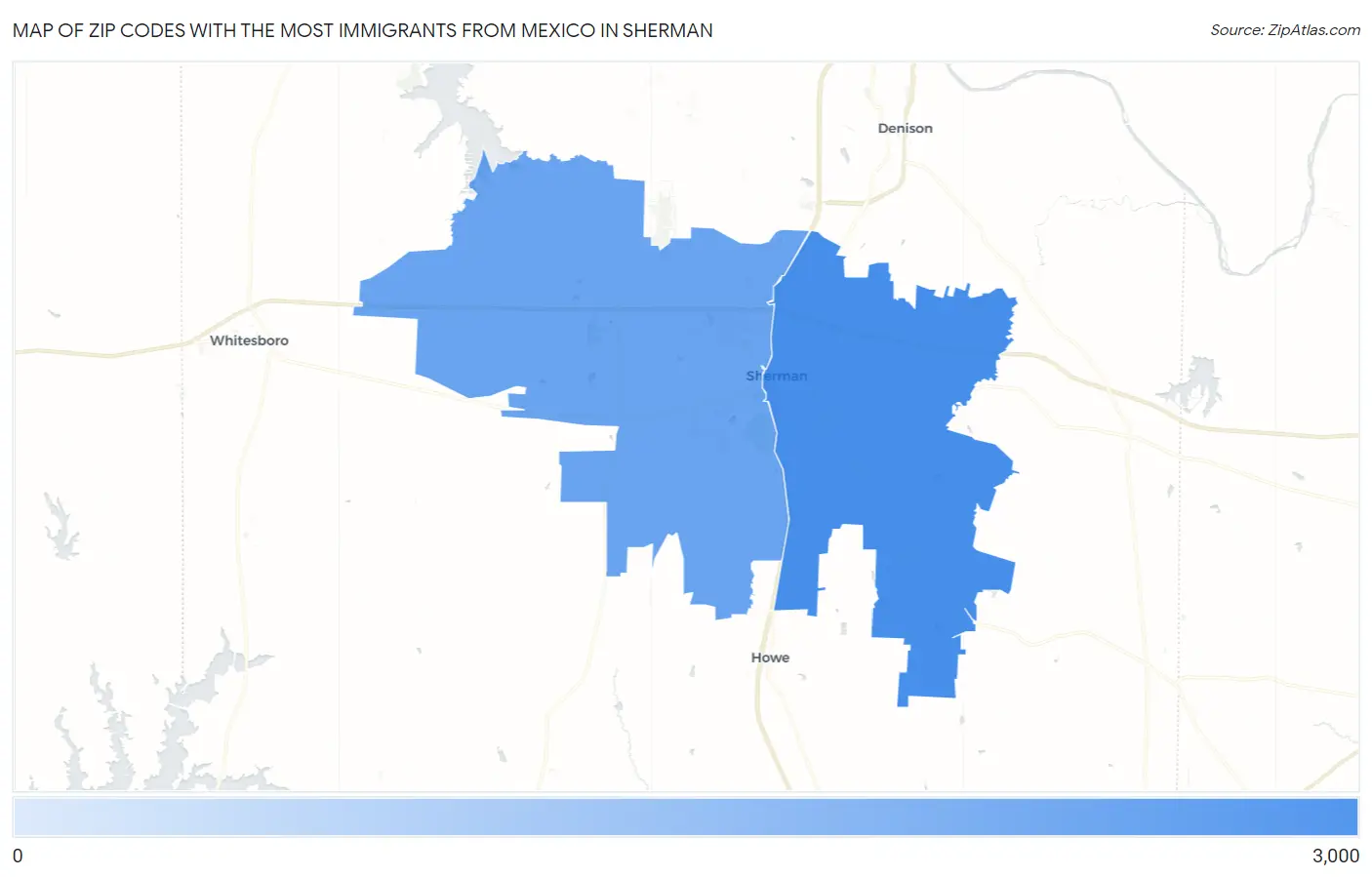 Zip Codes with the Most Immigrants from Mexico in Sherman Map