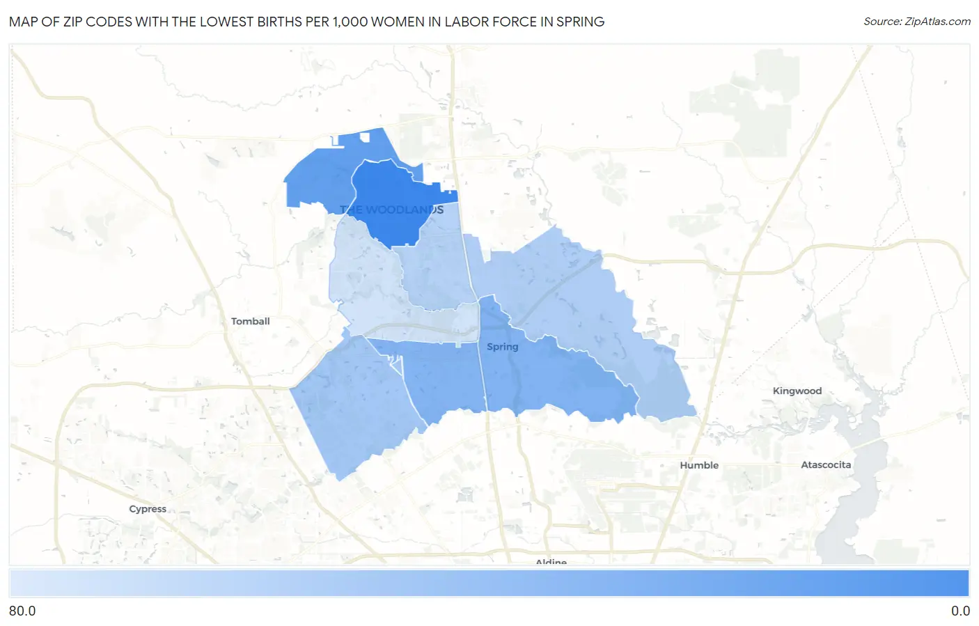 Zip Codes with the Lowest Births per 1,000 Women in Labor Force in Spring Map