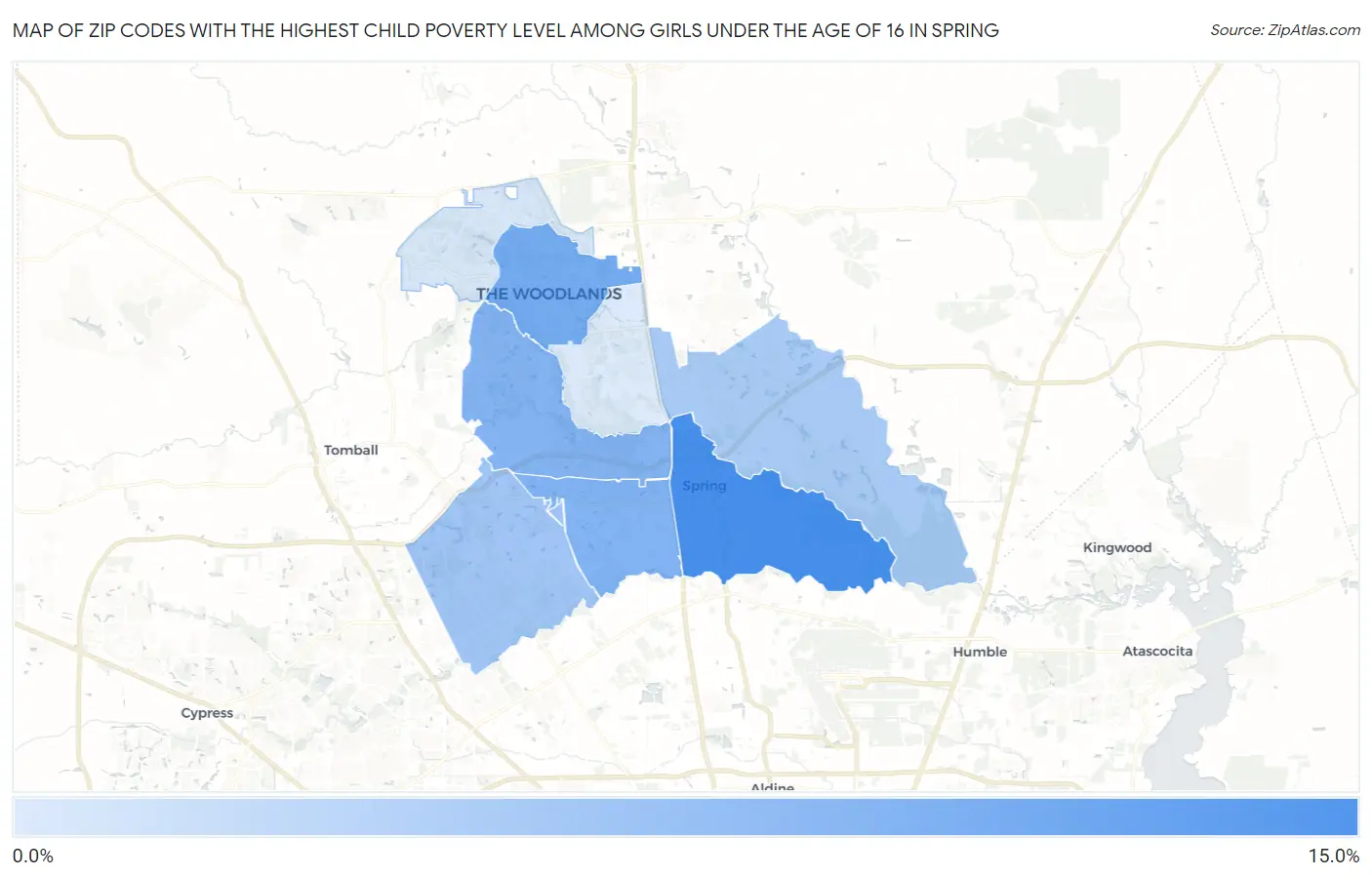 Zip Codes with the Highest Child Poverty Level Among Girls Under the Age of 16 in Spring Map