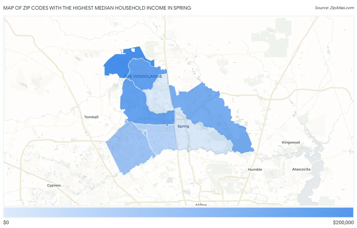 Zip Codes with the Highest Median Household Income in Spring Map