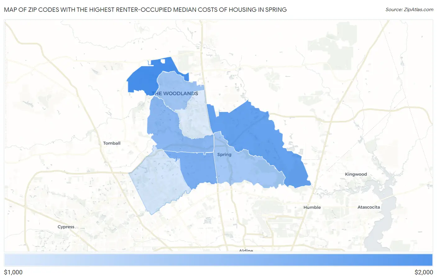 Zip Codes with the Highest Renter-Occupied Median Costs of Housing in Spring Map
