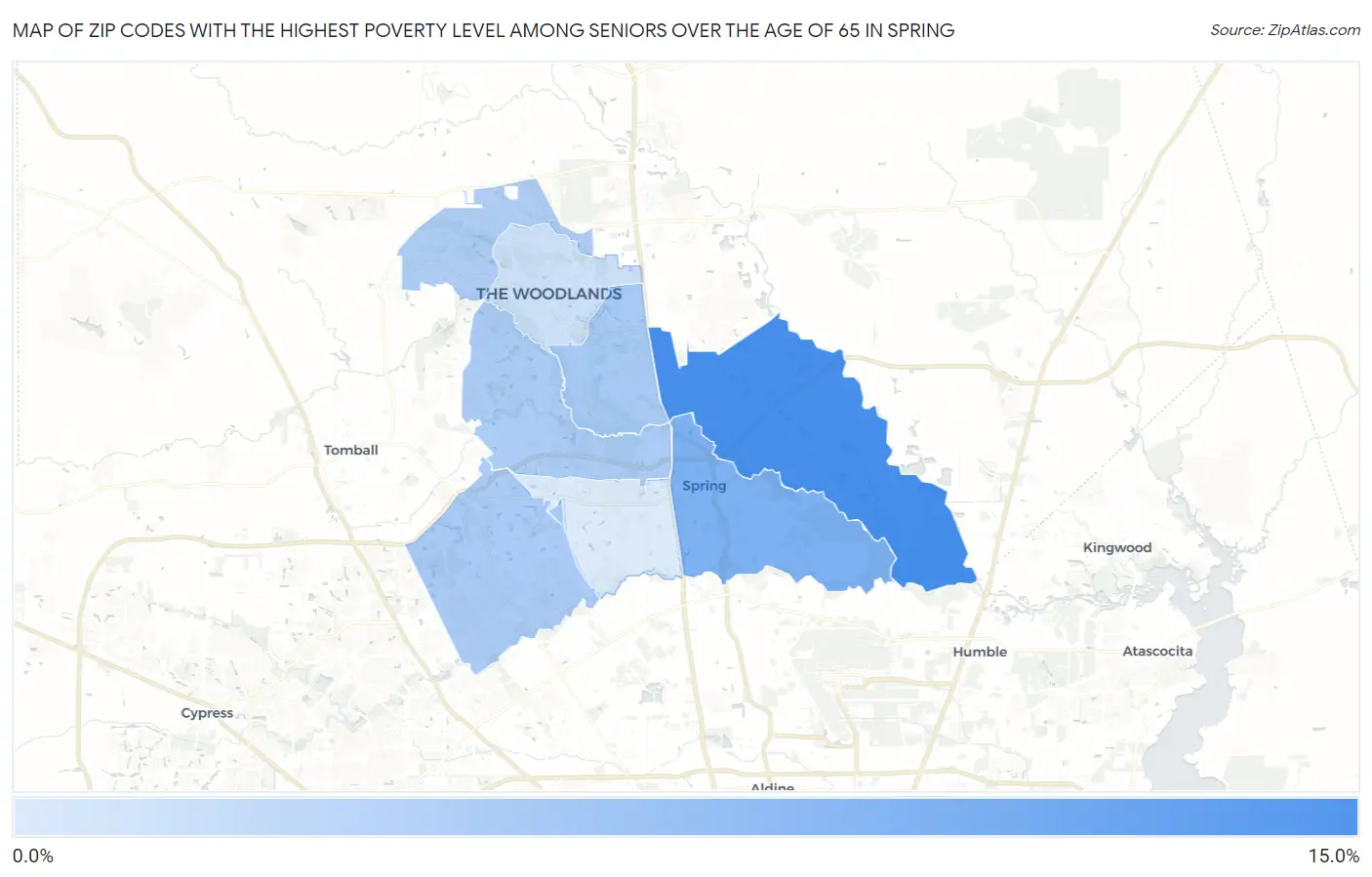 Zip Codes with the Highest Poverty Level Among Seniors Over the Age of 65 in Spring Map