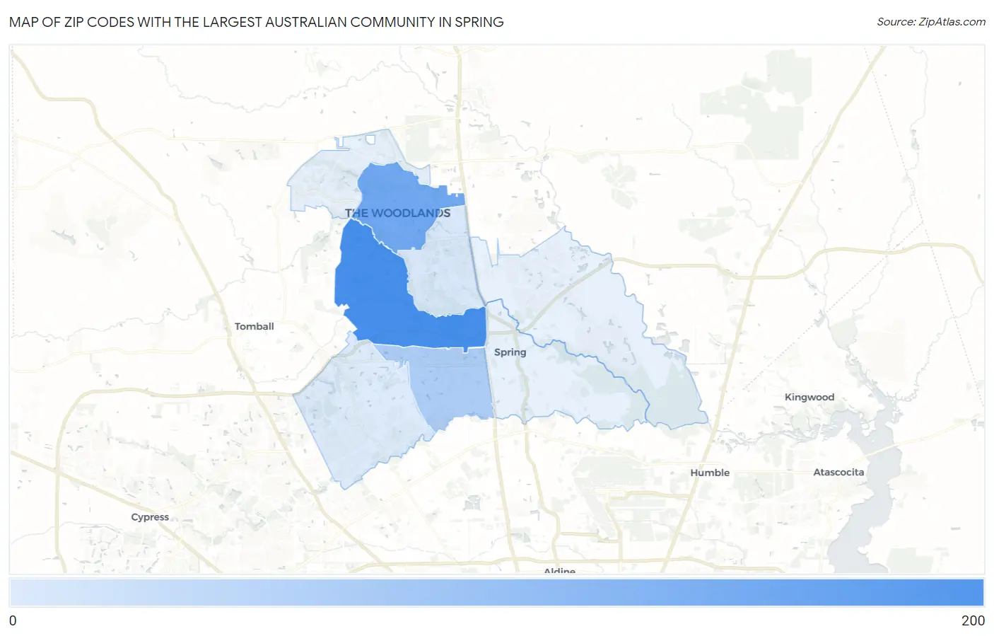 Zip Codes with the Largest Australian Community in Spring Map