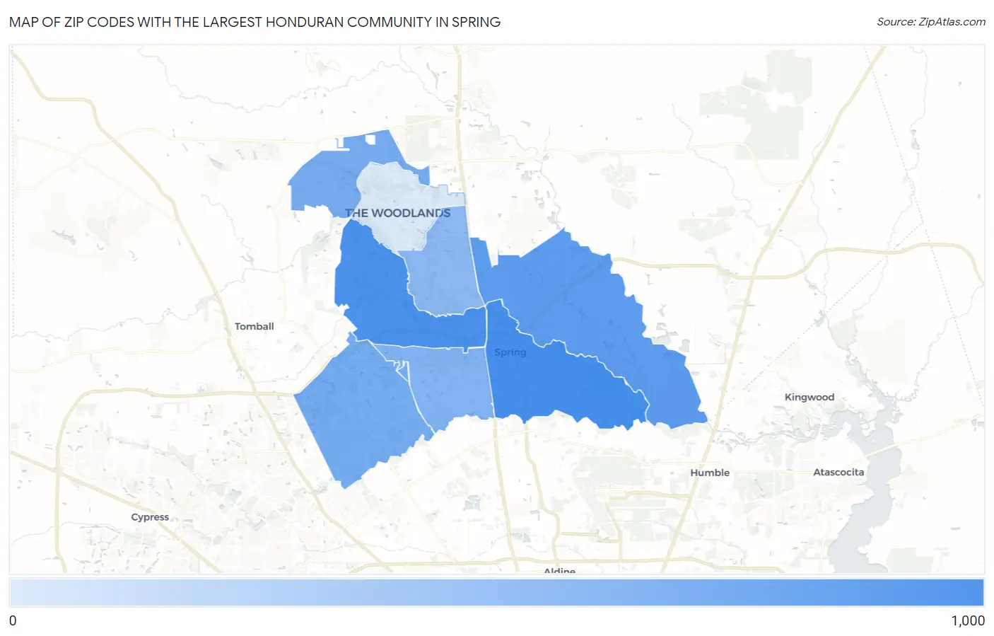 Zip Codes with the Largest Honduran Community in Spring Map