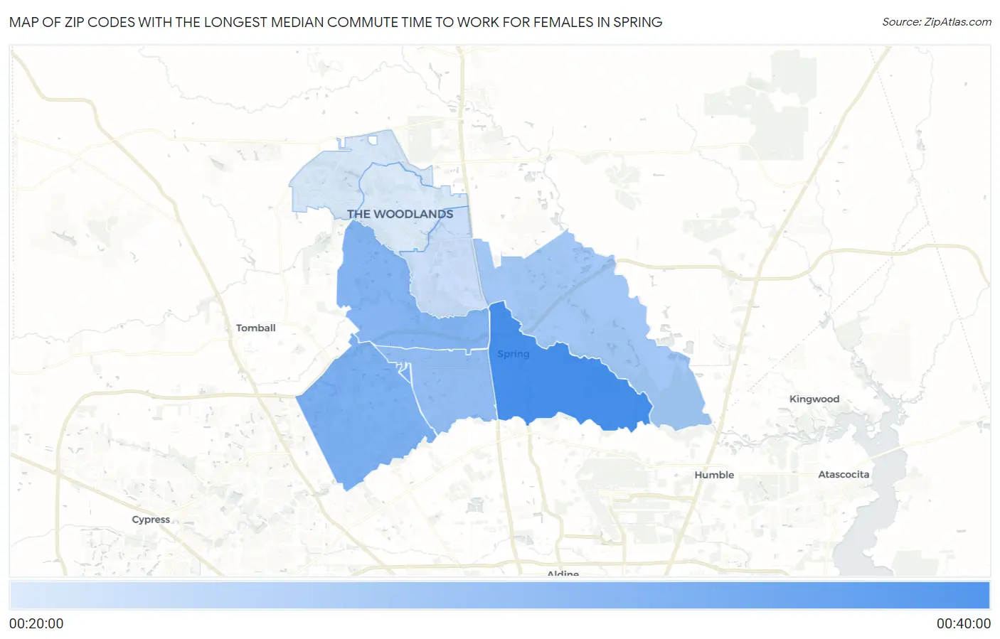 Zip Codes with the Longest Median Commute Time to Work for Females in Spring Map