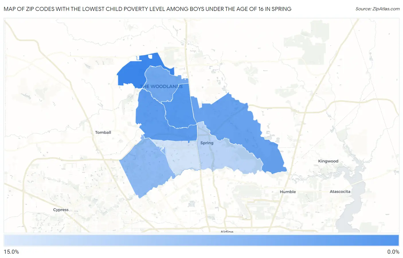 Zip Codes with the Lowest Child Poverty Level Among Boys Under the Age of 16 in Spring Map