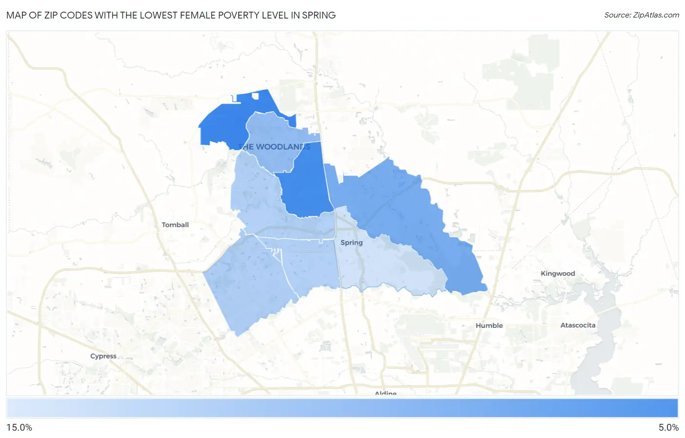Zip Codes with the Lowest Female Poverty Level in Spring Map