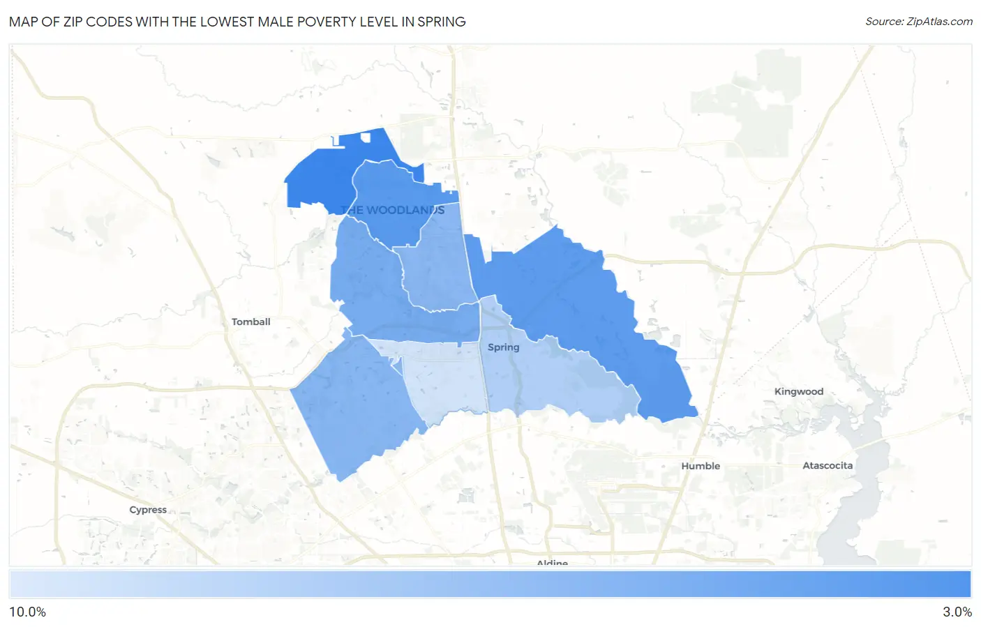 Zip Codes with the Lowest Male Poverty Level in Spring Map