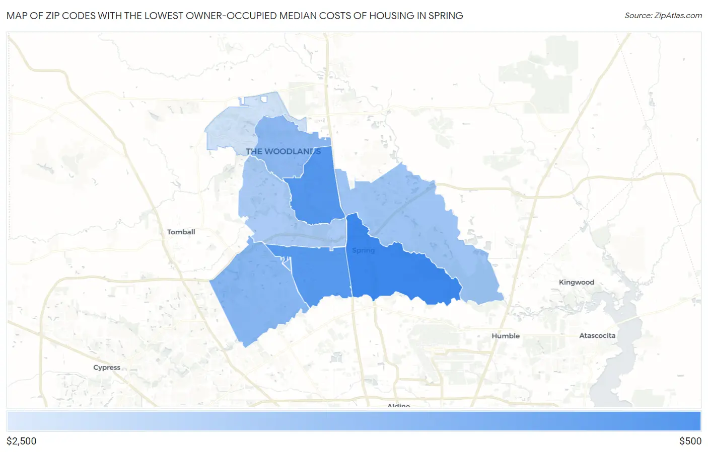 Zip Codes with the Lowest Owner-Occupied Median Costs of Housing in Spring Map