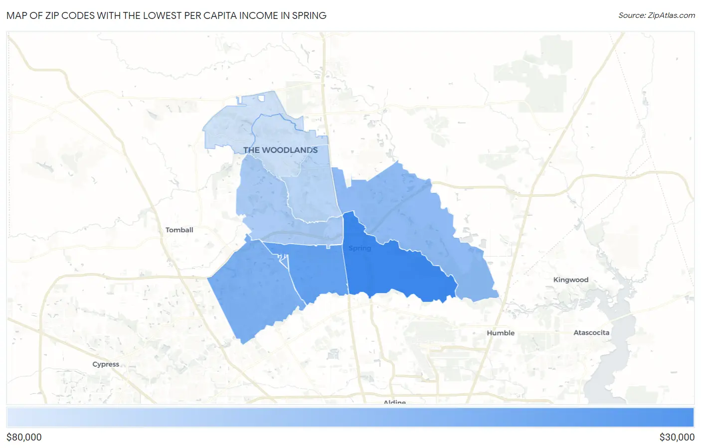 Zip Codes with the Lowest Per Capita Income in Spring Map