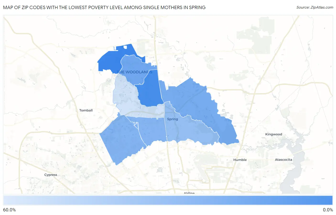 Zip Codes with the Lowest Poverty Level Among Single Mothers in Spring Map