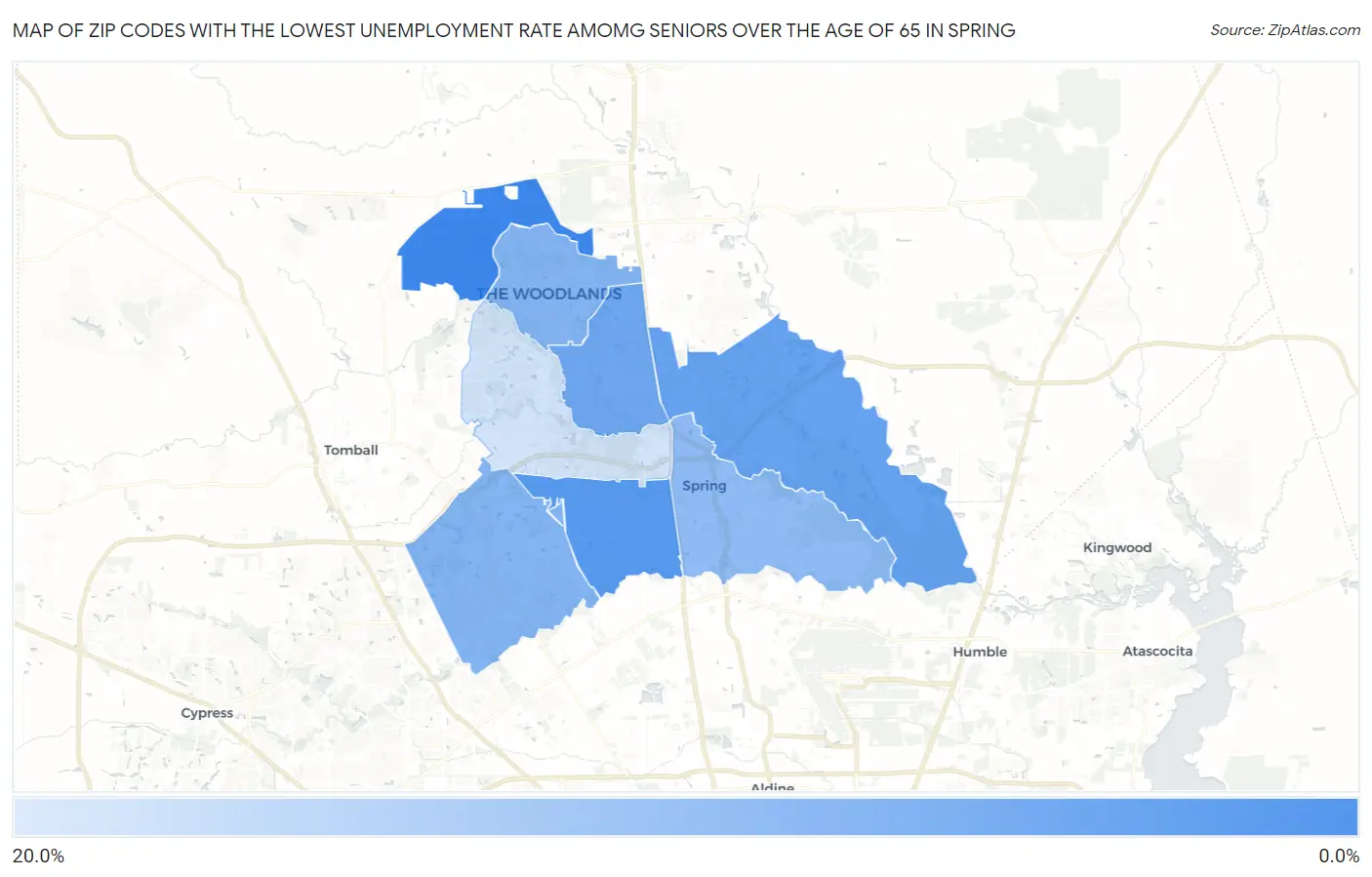 Zip Codes with the Lowest Unemployment Rate Amomg Seniors Over the Age of 65 in Spring Map
