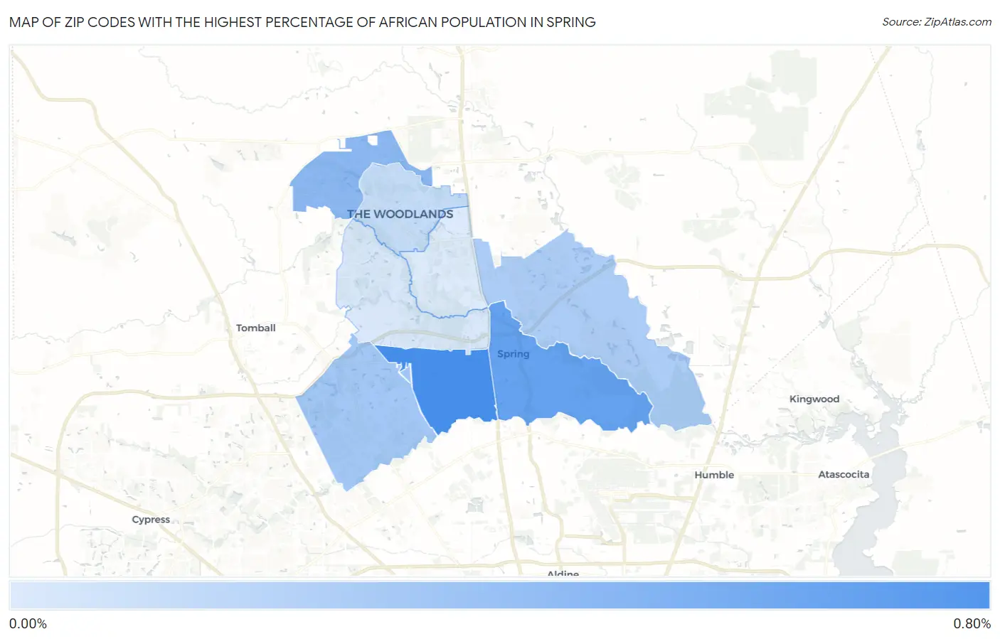 Zip Codes with the Highest Percentage of African Population in Spring Map