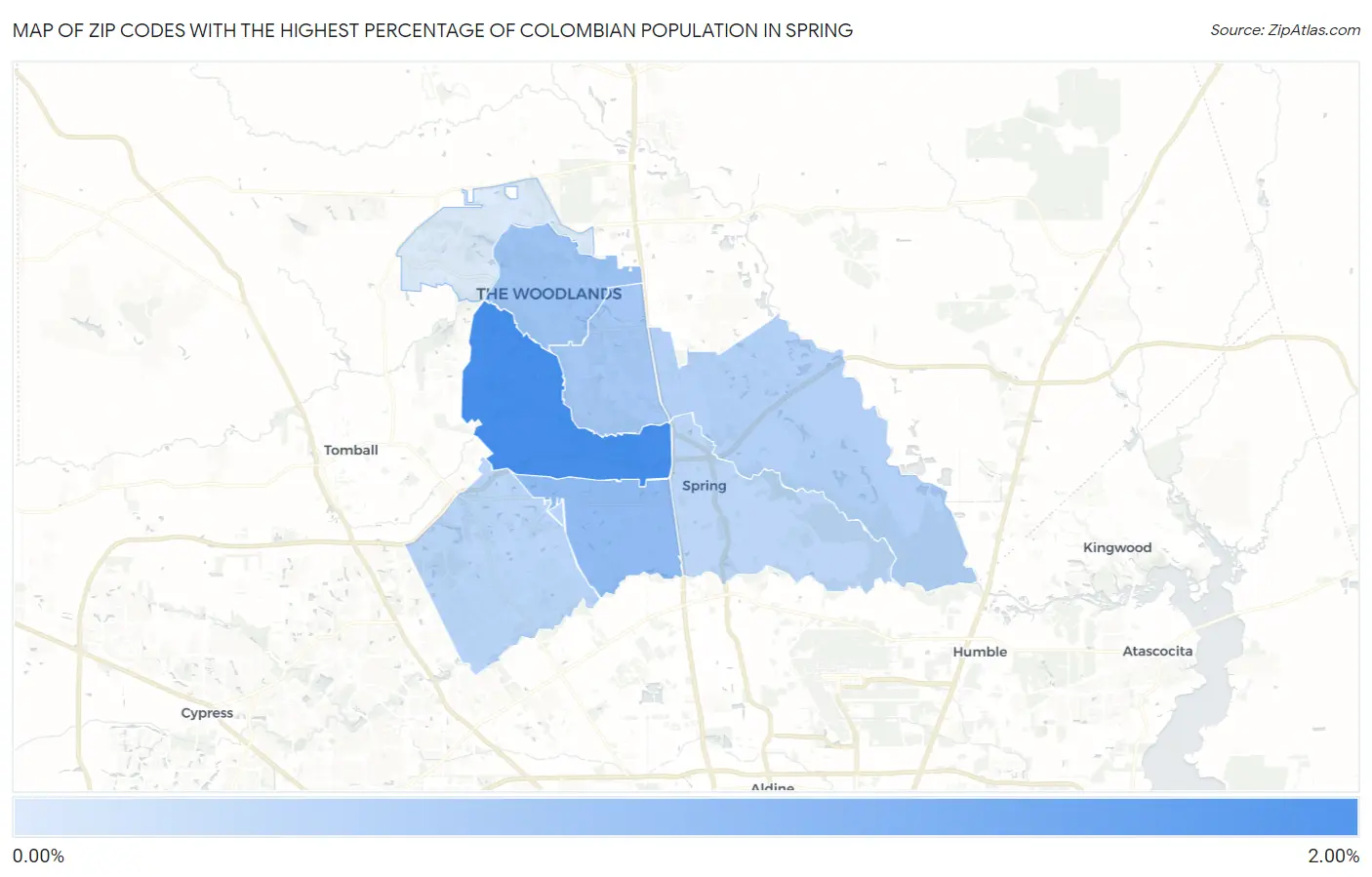 Zip Codes with the Highest Percentage of Colombian Population in Spring Map