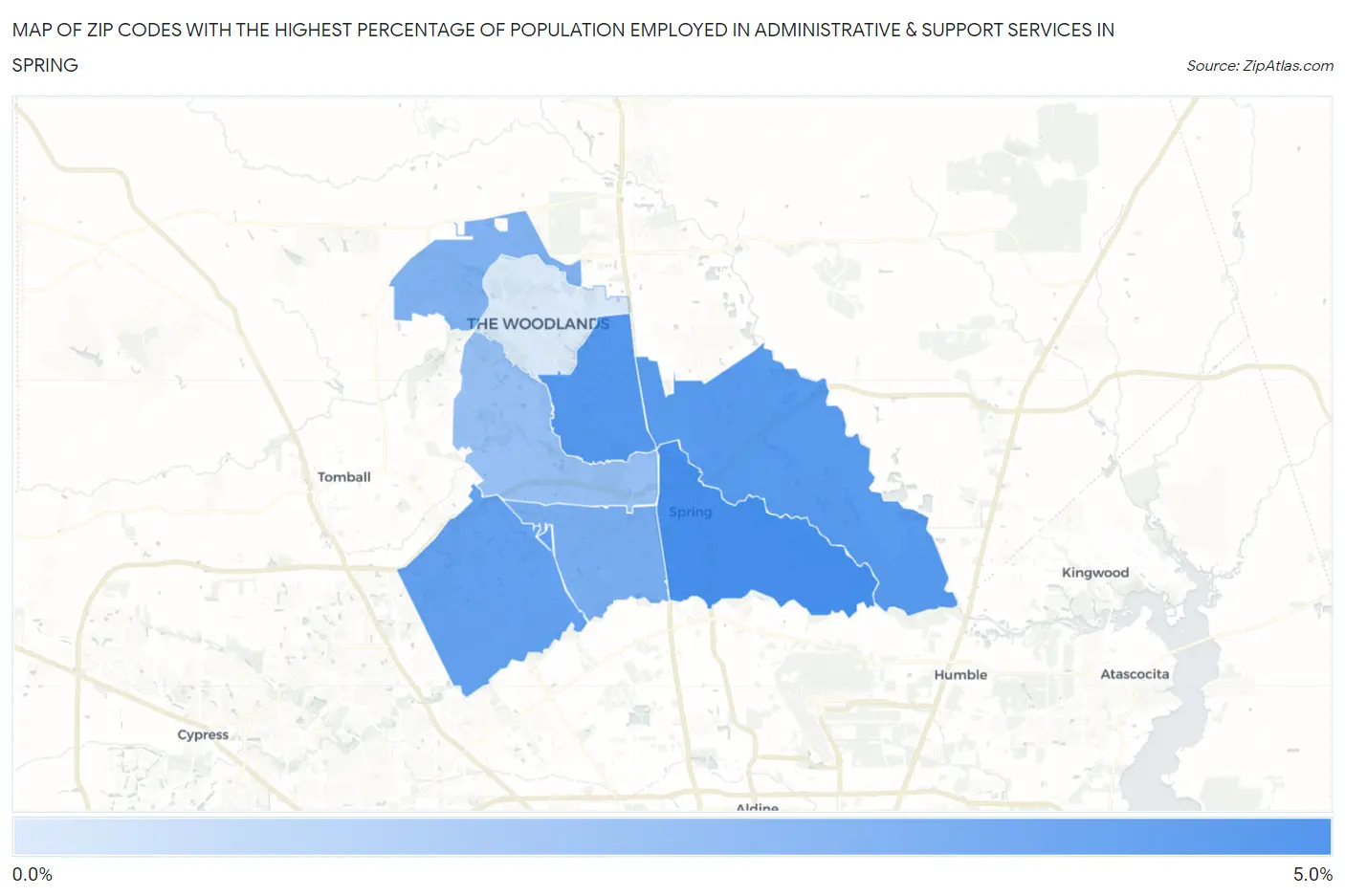 Zip Codes with the Highest Percentage of Population Employed in Administrative & Support Services in Spring Map
