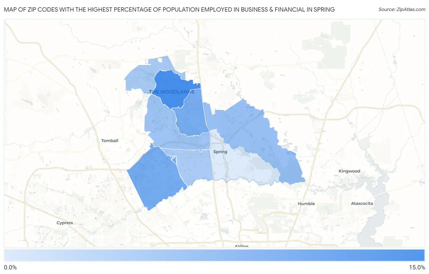 Zip Codes with the Highest Percentage of Population Employed in Business & Financial in Spring Map