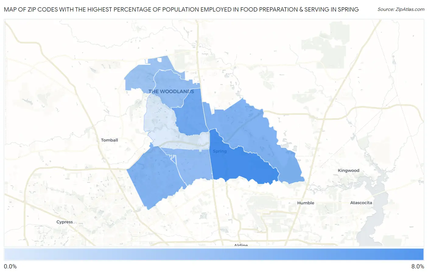 Zip Codes with the Highest Percentage of Population Employed in Food Preparation & Serving in Spring Map