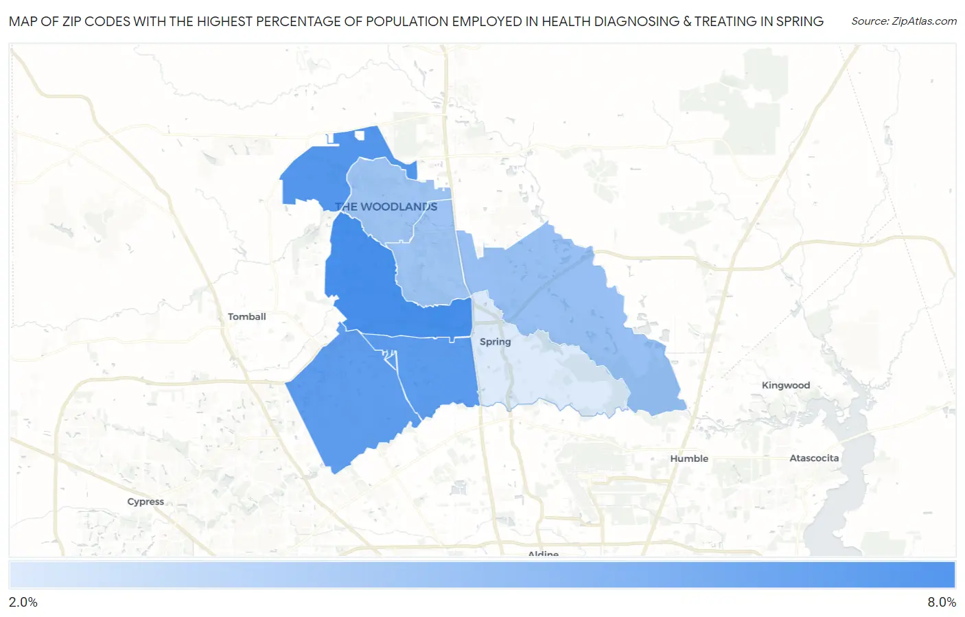 Zip Codes with the Highest Percentage of Population Employed in Health Diagnosing & Treating in Spring Map