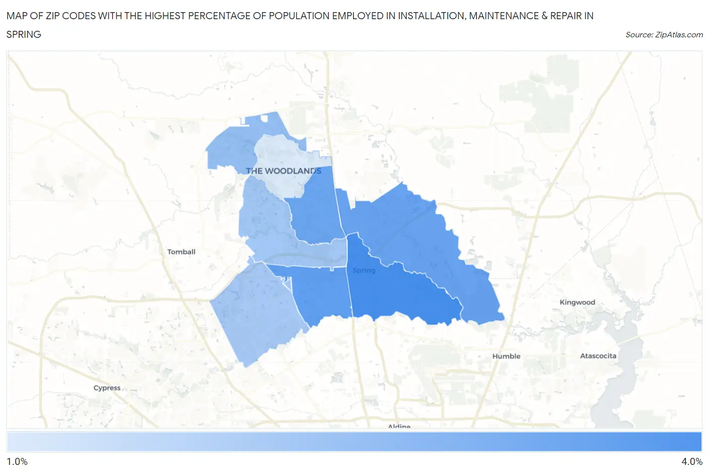 Zip Codes with the Highest Percentage of Population Employed in Installation, Maintenance & Repair in Spring Map