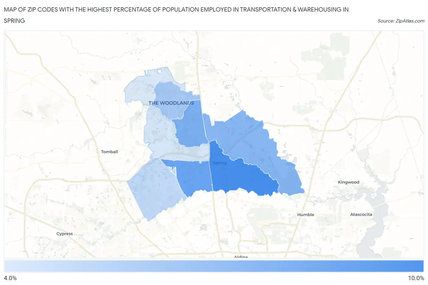 Zip Codes with the Highest Percentage of Population Employed in Transportation & Warehousing in Spring Map