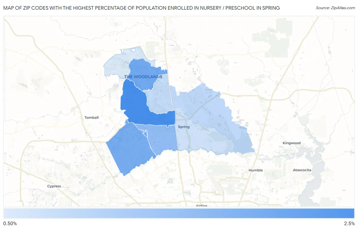 Zip Codes with the Highest Percentage of Population Enrolled in Nursery / Preschool in Spring Map