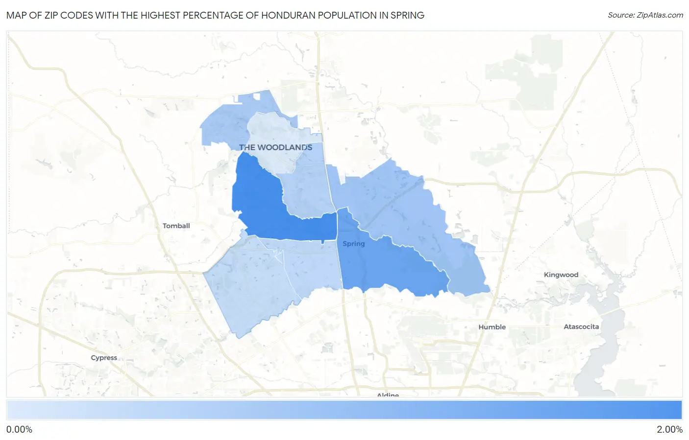 Zip Codes with the Highest Percentage of Honduran Population in Spring Map