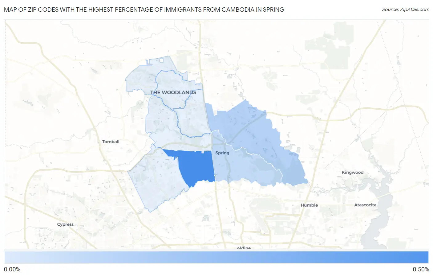 Zip Codes with the Highest Percentage of Immigrants from Cambodia in Spring Map