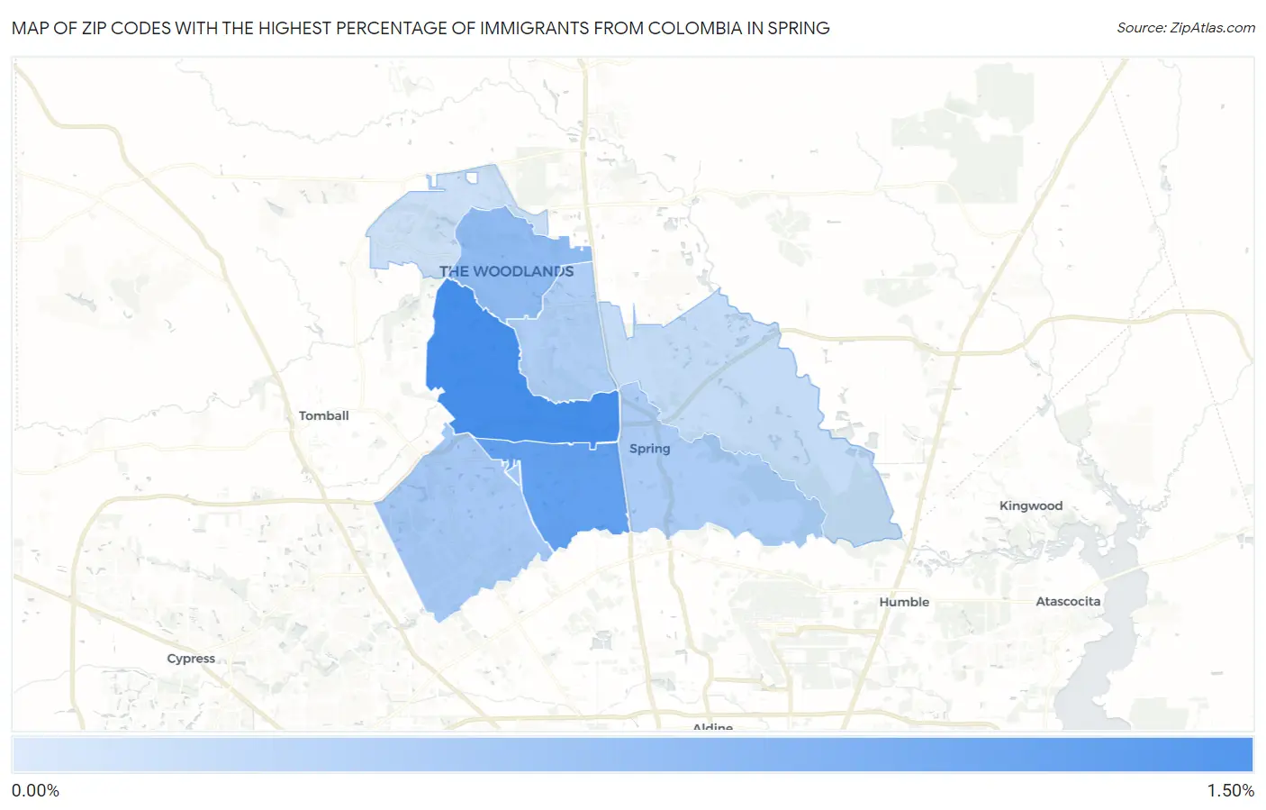 Zip Codes with the Highest Percentage of Immigrants from Colombia in Spring Map