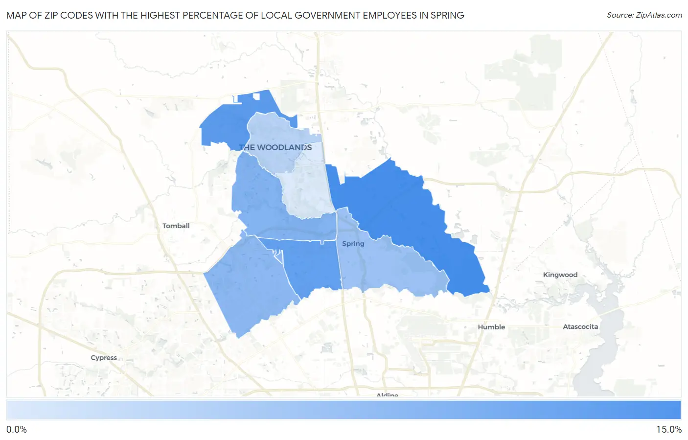 Zip Codes with the Highest Percentage of Local Government Employees in Spring Map