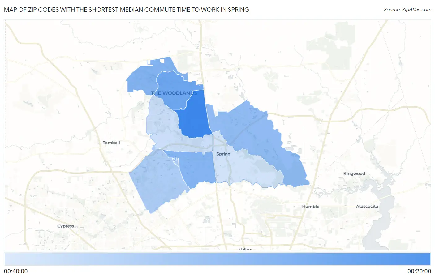 Zip Codes with the Shortest Median Commute Time to Work in Spring Map