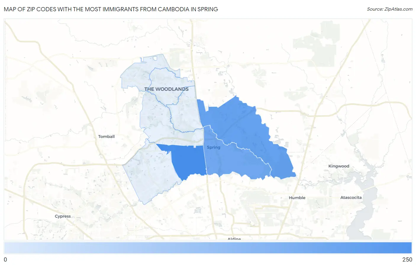 Zip Codes with the Most Immigrants from Cambodia in Spring Map