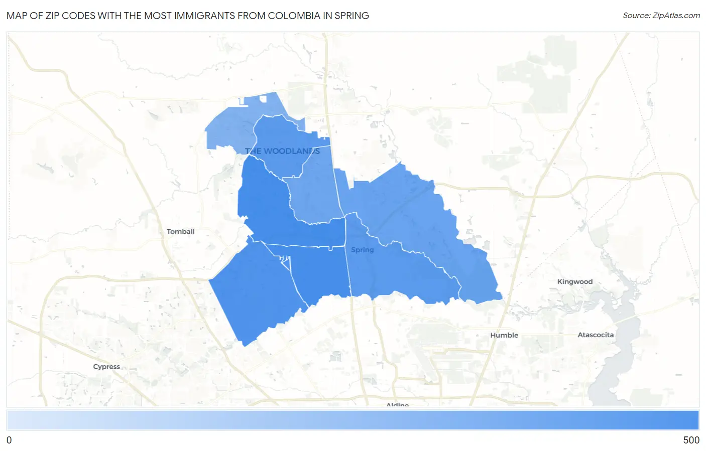 Zip Codes with the Most Immigrants from Colombia in Spring Map