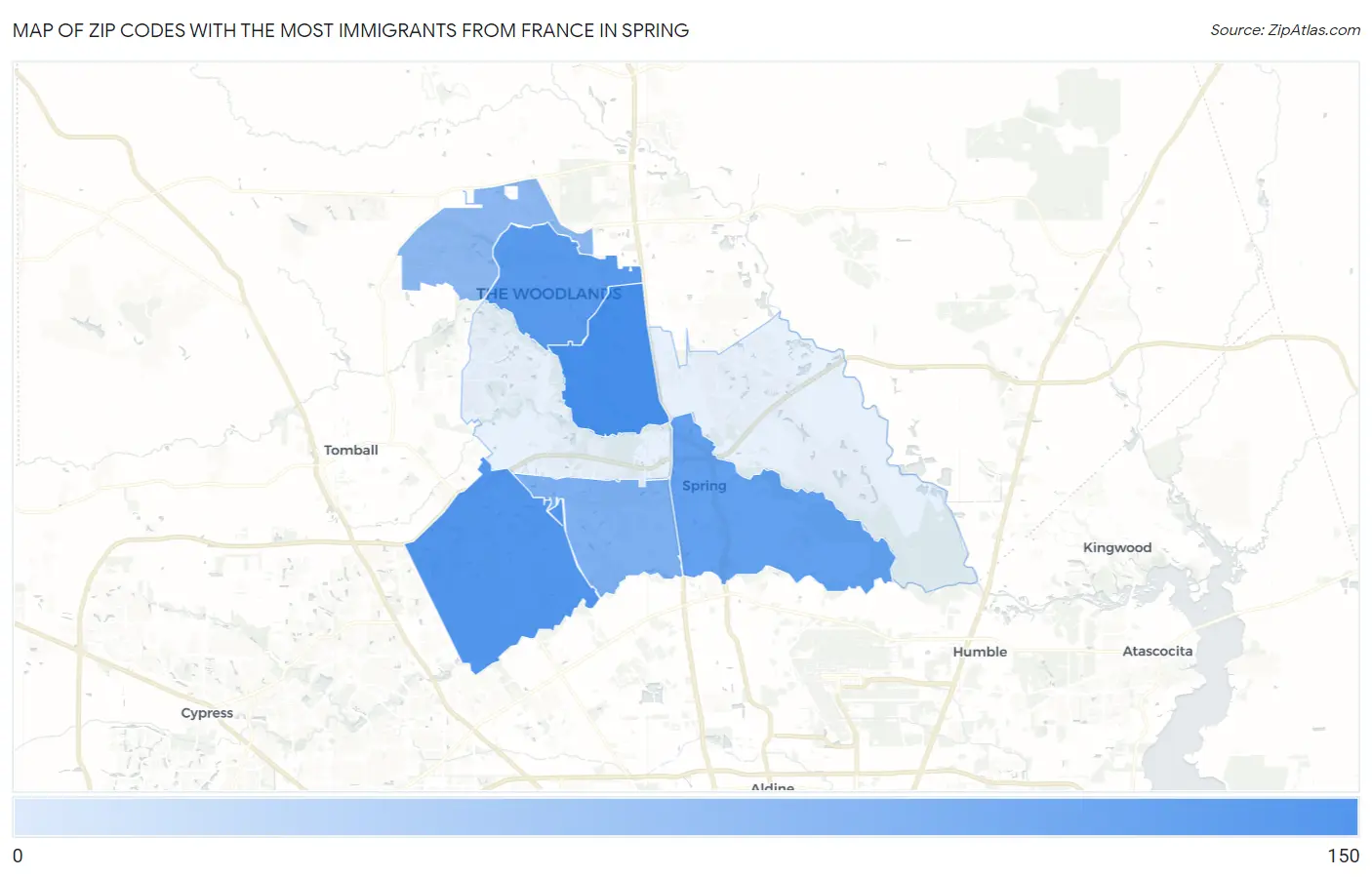 Zip Codes with the Most Immigrants from France in Spring Map