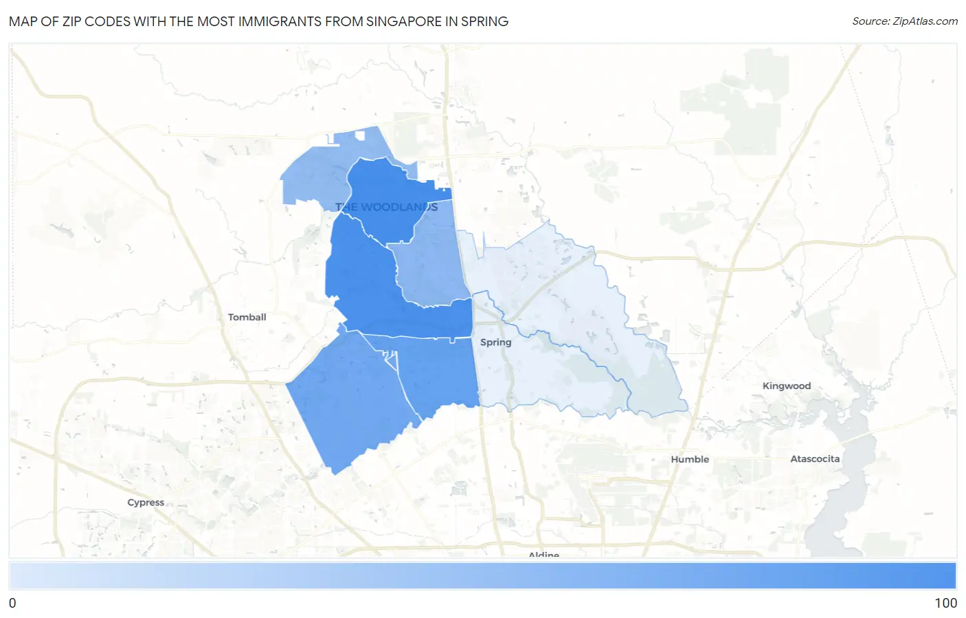 Zip Codes with the Most Immigrants from Singapore in Spring Map
