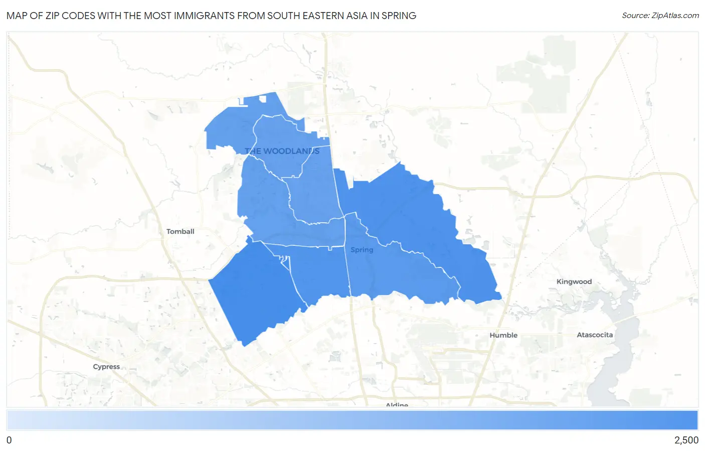 Zip Codes with the Most Immigrants from South Eastern Asia in Spring Map