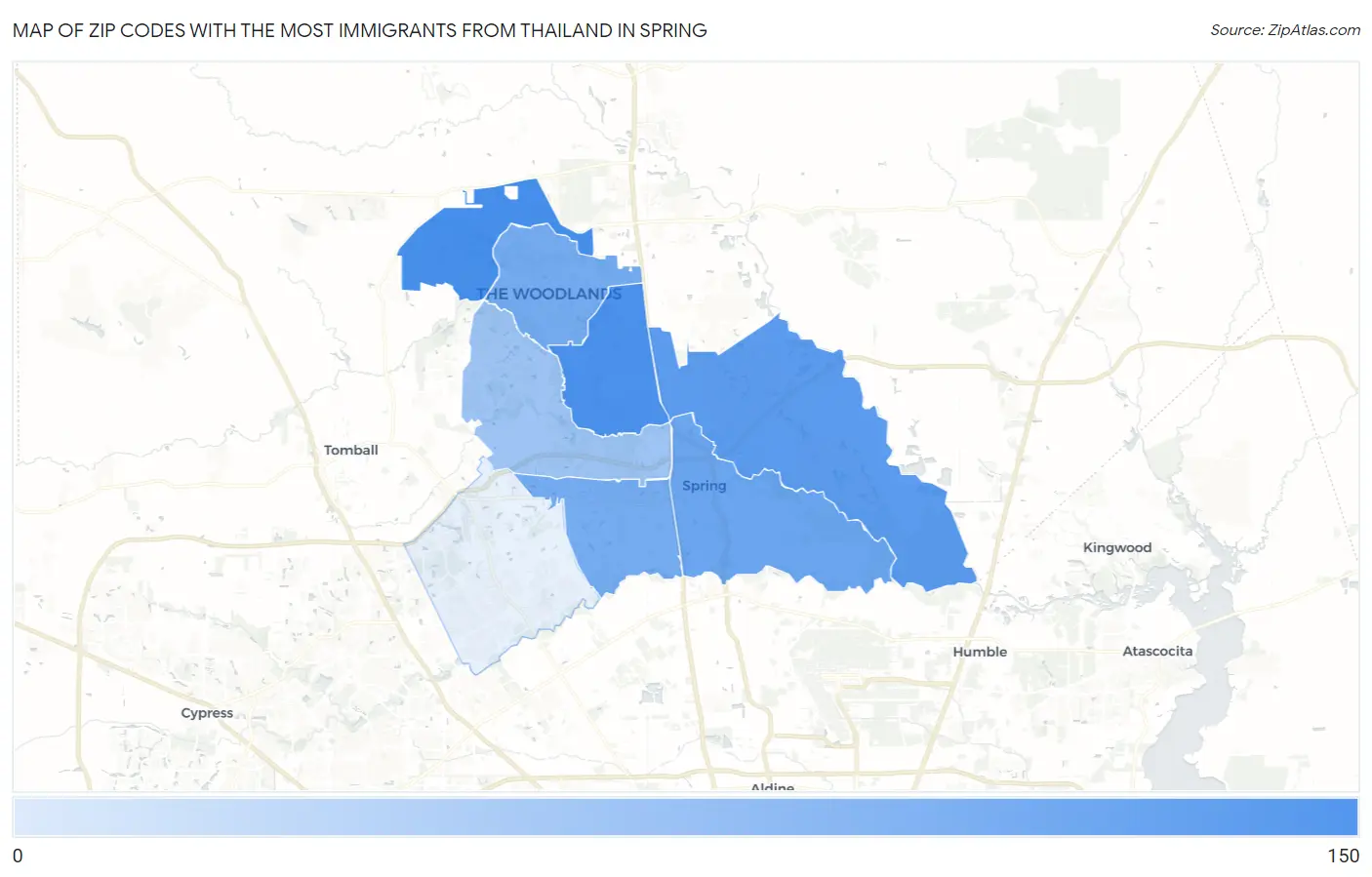 Zip Codes with the Most Immigrants from Thailand in Spring Map